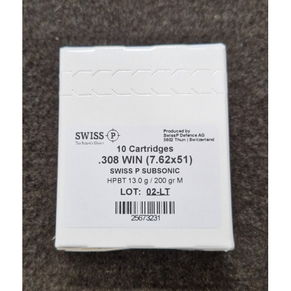 Munitions Swiss P Target cal. 308 W - 200 grs HPBT Match Subsoniques x 10