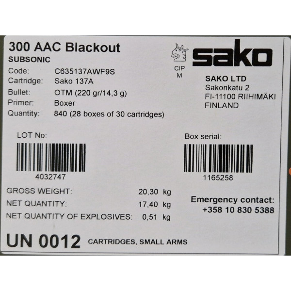 Munitions Sako M-LE cal 300 AAC BLK - 220 grs HPBT Match SUBSO x 840 en caisse M2A1