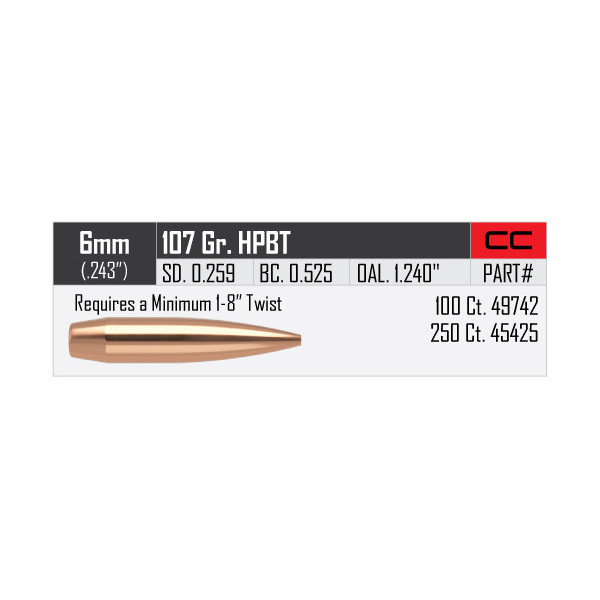 Balles Nosler Custom compétition 6mm - 107 grs x 100