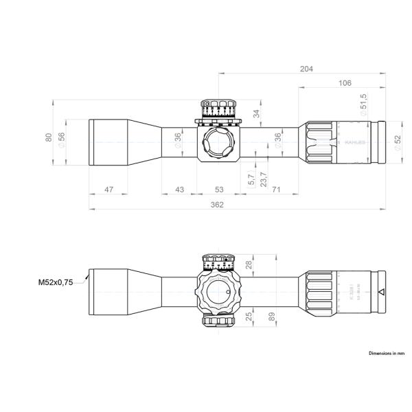 Kahles K328i - dérive à gauche - Réticule : SKMR+  - Sens de rotation : CCW