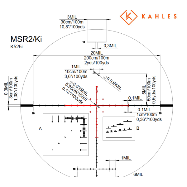Kahles K525i - dérive à gauche - Réticule: SKMR - Rotation: CCW - Déclinaison: DEC0000134